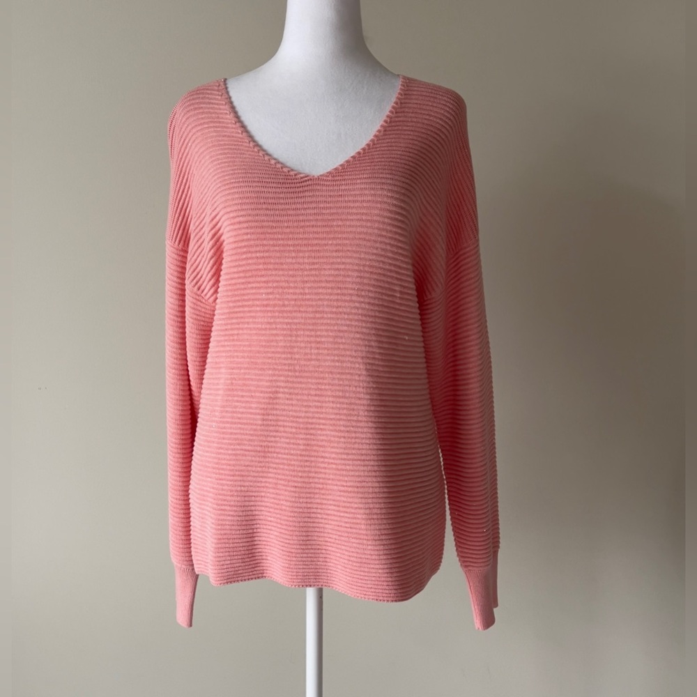 Tommy Bahama Bonita Mini Sequin Rib Knit Long Sleeve V-Neck in Coral Sweater - Picture 2 of 6